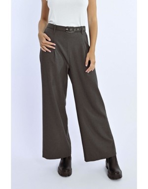 Pantalon Lili Sidonio x Molly Bracken gris taille haute à pinces avec ceinture, jambe large , référence PL164BCN