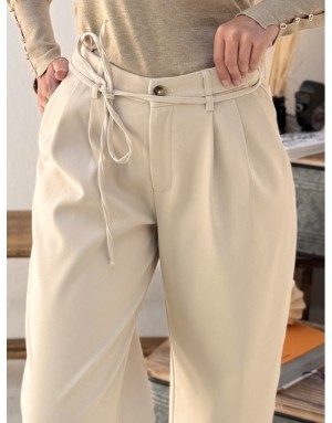 Pantalon Molly Bracken beige taille haute à pinces, lien à nouer, jambe large , référence T1867CH