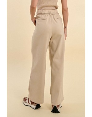 Pantalon Molly Bracken beige taille haute à pinces, lien à nouer, jambe large , référence T1867CH