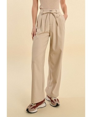 Pantalon Molly Bracken beige taille haute à pinces, lien à nouer, jambe large , référence T1867CH