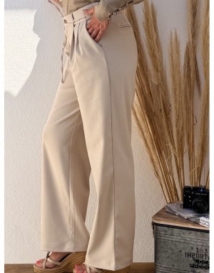 Pantalon Molly Bracken beige taille haute à pinces, lien à nouer, jambe large , référence T1867CH