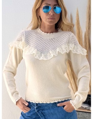 Pull fantaisie blanc cassé, maille pointelle Molly Bracken, détails de dentelle, référence LA1596CN