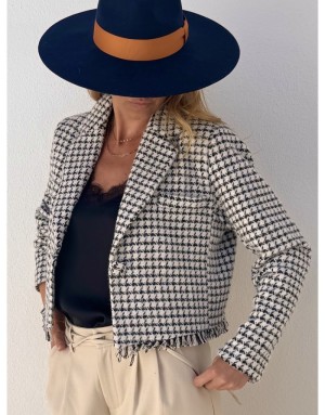 Veste courte façon blazer Lili Sidonio pour Molly Bracken, imprimé pied de poule noir et blanc, référence LAL458CH