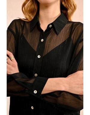 Chemise voile noire avec fils lurex argent Molly Bracken, caraco intégré, référence T1936CN