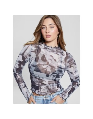 Top manches longues en mesh, imprimé iconic collage noir et blanc, guess, référence W4YP04KBBF2-P9XK