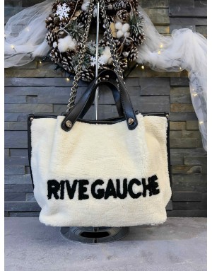 Sac à main en maille peluche avec inscription "Rive Gauche" avec trousse intérieure