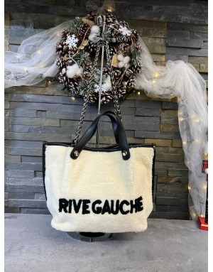 Sac à main en maille peluche avec inscription "Rive Gauche" avec trousse intérieure