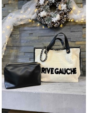 Sac à main en maille peluche avec inscription "Rive Gauche" avec trousse intérieure