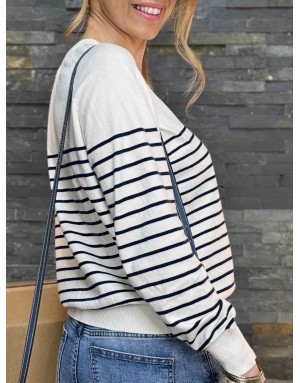 Pull marinière Molly bracken, col en V avec 5 boutons, couleur blanc à rayures Navy,  référence E1730DP