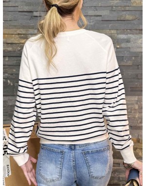 Pull marinière Molly bracken, col en V avec 5 boutons, couleur blanc à rayures Navy,  référence E1730DP