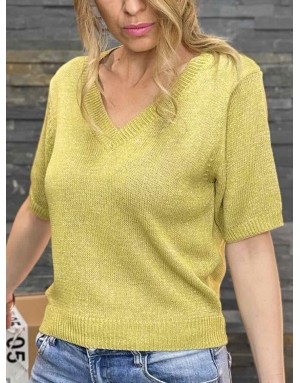 Pull à manches courtes Molly Bracken, maille lurex, encolure en V - Référence LA1727DP LIME GREEN