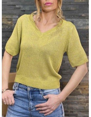 Pull à manches courtes Molly Bracken, maille lurex, encolure en V - Référence LA1727DP LIME GREEN