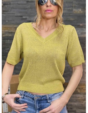 Pull à manches courtes Molly Bracken, maille lurex, encolure en V - Référence LA1727DP LIME GREEN