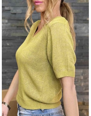 Pull à manches courtes Molly Bracken, maille lurex, encolure en V - Référence LA1727DP LIME GREEN