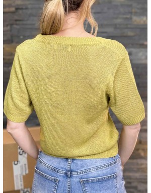 Pull à manches courtes Molly Bracken, maille lurex, encolure en V - Référence LA1727DP LIME GREEN