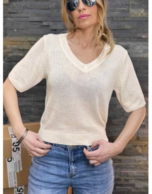 Pull à manches courtes Molly Bracken, maille lurex, encolure en V - Référence LA1727DP OFFWHITE