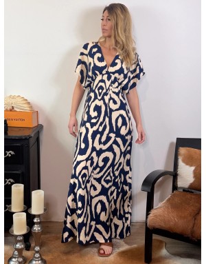 Robe longue imprimée navy, manches forme papillon, référence G867BDP