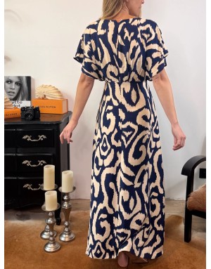 Robe longue imprimée navy, manches forme papillon, référence G867BDP