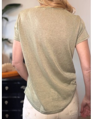 Tee-shirt d'aspect lin à encolure fantaisie en V Molly Bracken - Référence : T427DP KHAKI