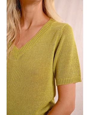 Pull à manches courtes Molly Bracken, maille lurex, encolure en V - Référence LA1727DP LIME GREEN