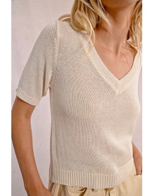 Pull à manches courtes Molly Bracken, maille lurex, encolure en V - Référence LA1727DP OFFWHITE