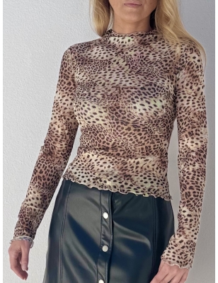 Top manches longues en mesh, imprimé leopard, guess, référence W4YP04KBBF2-P1IE