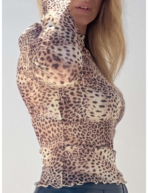 Top manches longues en mesh, imprimé leopard, guess, référence W4YP04KBBF2-P1IE