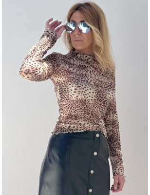 Top manches longues en mesh, imprimé leopard, guess, référence W4YP04KBBF2-P1IE