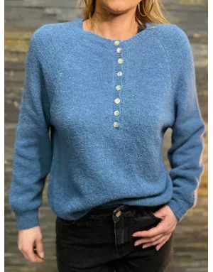 Pull en alpaga bleu jean col tunisien - sélection Samsara