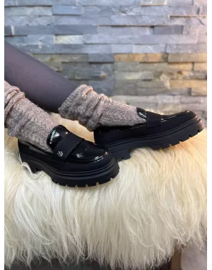 Mocassins LOLA en bi-matière noirs à plateforme crantée Vanessa WU - MO2784BK