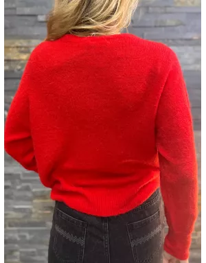 Pull en baby alpaga rouge, col en rond et détail boutons strassés - Sélection Samsara