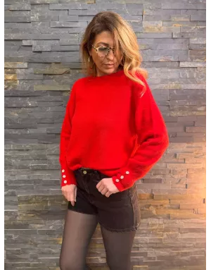 Pull en baby alpaga rouge, col en rond et détail boutons strassés - Sélection Samsara