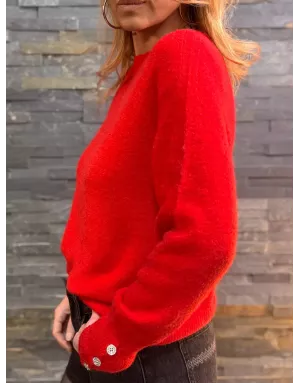 Pull en baby alpaga rouge, col en rond et détail boutons strassés - Sélection Samsara