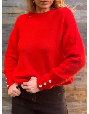 Pull en baby alpaga rouge, col en rond et détail boutons strassés - Sélection Samsara