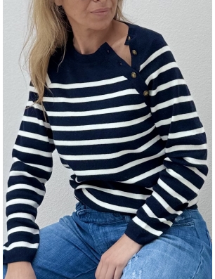 Pull marinière Molly bracken, col rond 5 boutons, couleur navy,  référence EF1580CN