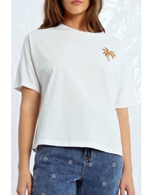 Tee-shirt blanc oversize avec palmier sequins- Référence : ML58DP blanc