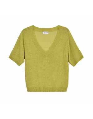 Pull à manches courtes Molly Bracken, maille lurex, encolure en V - Référence LA1727DP LIME GREEN