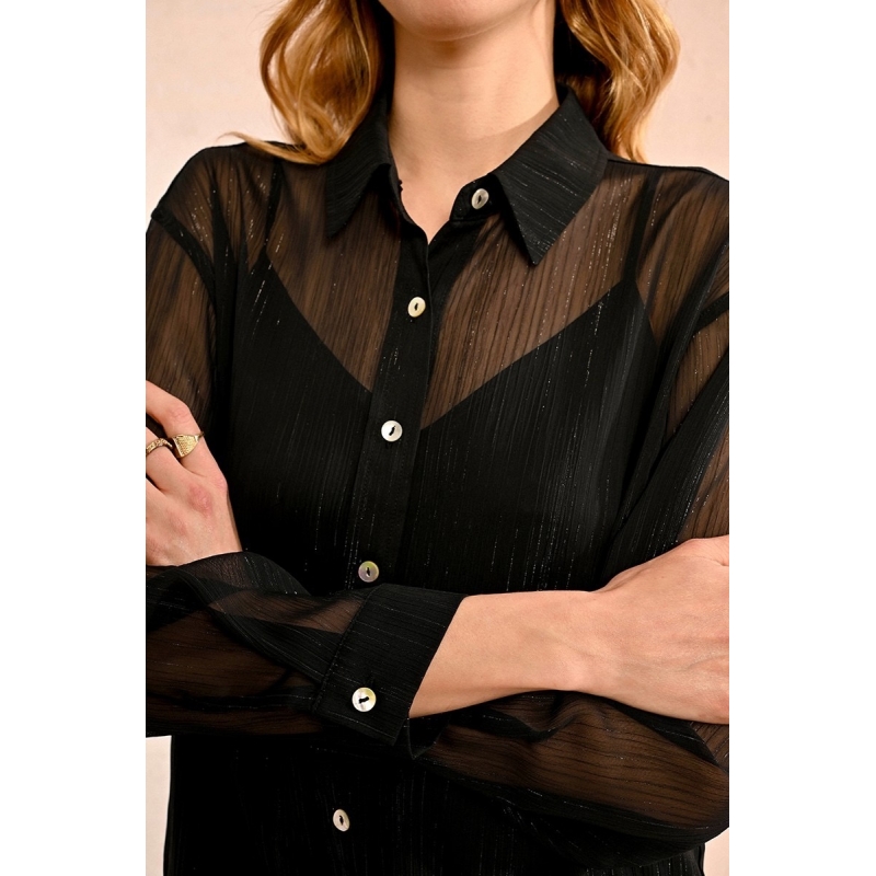 Chemise voile noire avec fils lurex argent Molly Bracken, caraco intégré, référence T1936CN