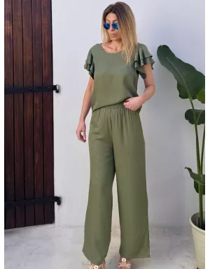 Pantalon fluide taille haute CASSIE kaki de Molly Bracken, tissu satiné -  Référence LA1685DP