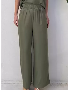 Pantalon fluide taille haute CASSIE kaki de Molly Bracken, tissu satiné -  Référence LA1685DP