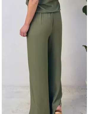 Pantalon fluide taille haute CASSIE kaki de Molly Bracken, tissu satiné -  Référence LA1685DP