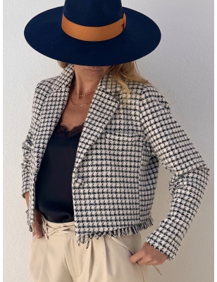 Veste courte façon blazer Lili Sidonio pour Molly Bracken, imprimé pied de poule noir et blanc, référence LAL458CH