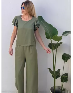 Pantalon fluide taille haute CASSIE kaki de Molly Bracken, tissu satiné -  Référence LA1685DP