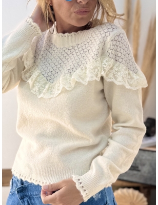 Pull fantaisie blanc cassé, maille pointelle Molly Bracken, détails de dentelle, référence LA1596CN