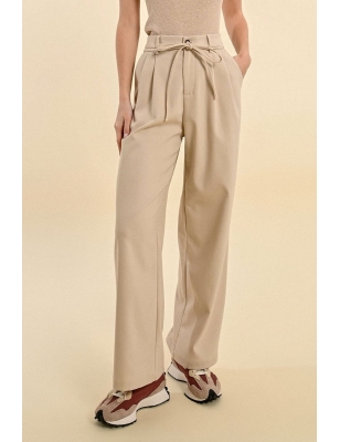 Pantalon Molly Bracken beige taille haute à pinces, lien à nouer, jambe large , référence T1867CH