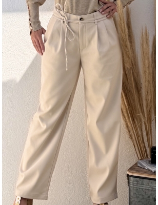 Pantalon Molly Bracken beige taille haute à pinces, lien à nouer, jambe large , référence T1867CH