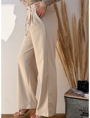 Pantalon Molly Bracken beige taille haute à pinces, lien à nouer, jambe large , référence T1867CH