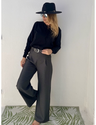 Pantalon Lili Sidonio x Molly Bracken gris taille haute à pinces avec ceinture, jambe large , référence PL164BCN