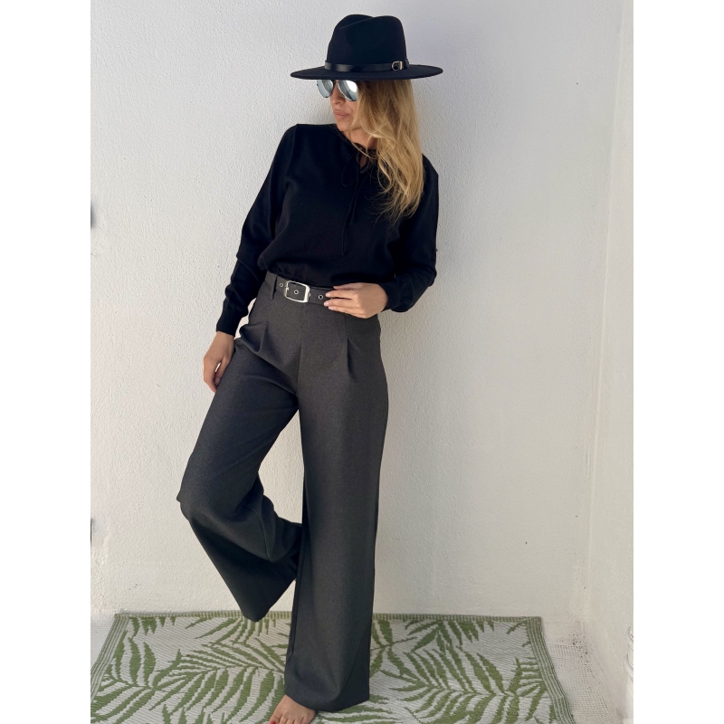 Pantalon Lili Sidonio x Molly Bracken gris taille haute à pinces avec ceinture, jambe large , référence PL164BCN