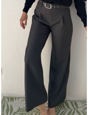 Pantalon Lili Sidonio x Molly Bracken gris taille haute à pinces avec ceinture, jambe large , référence PL164BCN